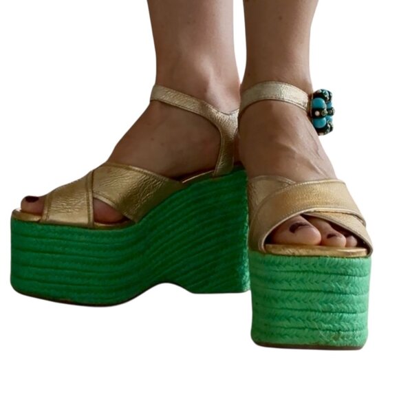 Marc Jacobs  Women's Rowan Leather Espadrille Platform Wedge Sandals Gold Sz. 6 - Picture 2 of 12